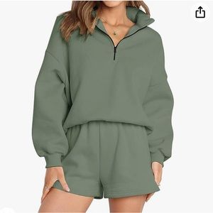 Womens Oversized Two Piece Lounge Matching Sets Half Zip Sweatshirts Sweatsuit